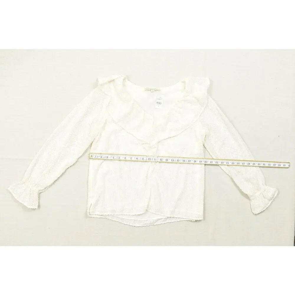 LOFT Women's Medium Cream Textured Ruffle V-Neck Long Sleeve Blouse Gold Metalli